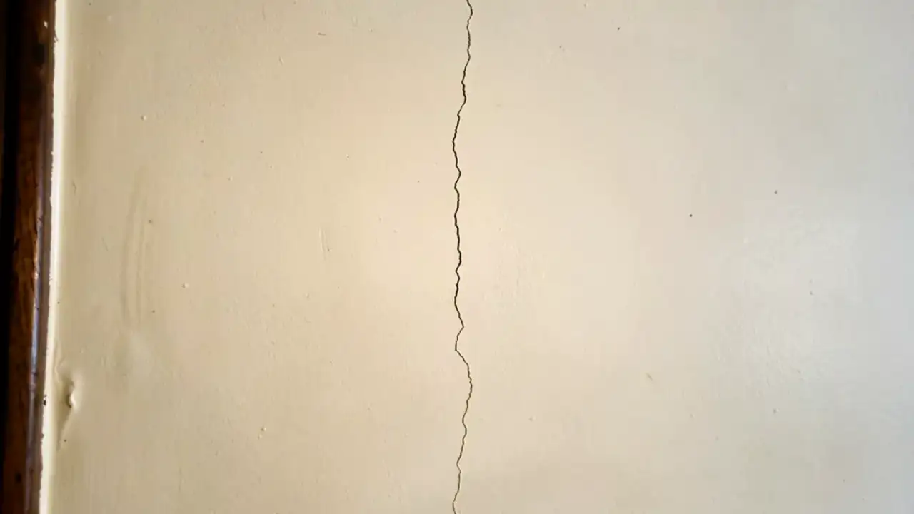 A fine vertical hairline crack running up a cream painted interior wall beside a narrow dark-wood door casing