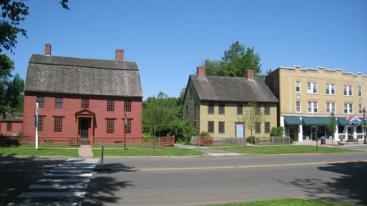 The historic Webb and Stevens colonial houses along Main Street in Old Wethersfield, Connecticut