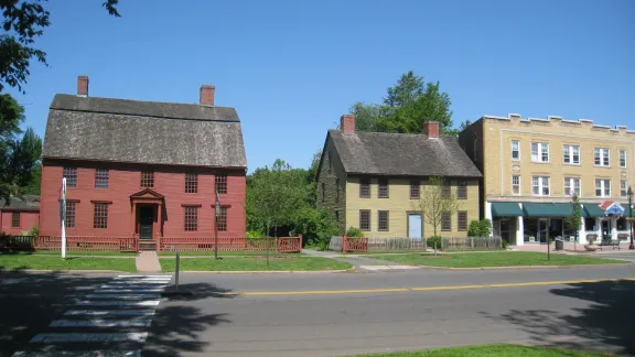 The historic Webb and Stevens colonial houses along Main Street in Old Wethersfield, Connecticut